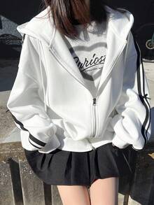 FRIFUL 女式白色宽松连帽衫，带蝴蝶结，春季夹克，拉链，秋冬 - 白色 - 查看 4