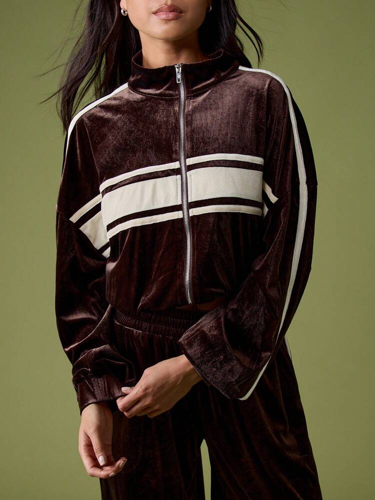 MISSGUIDED Velour Zip-Up Sweatshirt With Contrast Stripes And Retro Athletic Details For Casual Comfort