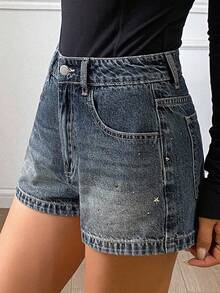 DAZY 女式水钻装饰修身休闲牛仔短裤 - 中等水洗藍 - 查看 5