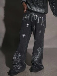 PAVTROS Manfinity Streetrush Men's Fashion Cross & Letter Rhinestone Embellished Jeans Halloween All Saints' Day Diamond Jeans Y2K Rhinestone Black Loose Wide Leg Disco Party For Thrashed Denim