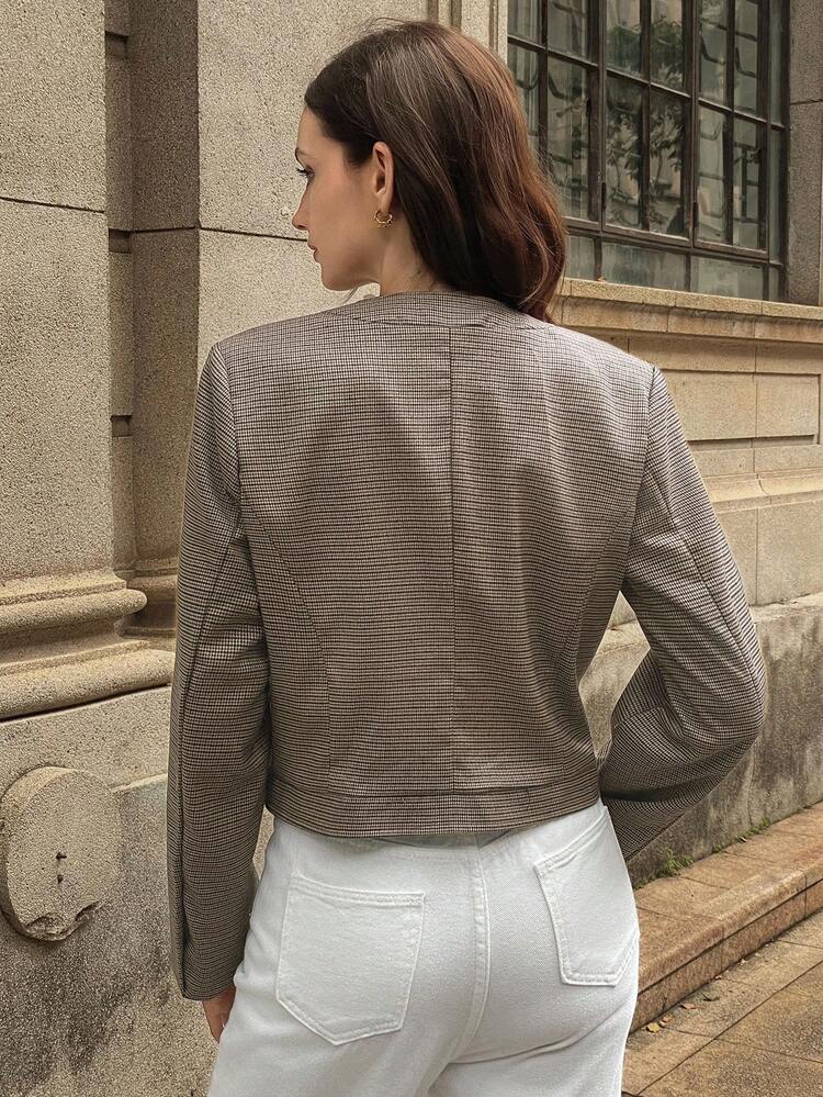 Women's Houndstooth Collared Long Sleeve Casual Vintage Jacket, Autumn/Winter