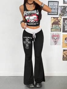 StreetHx Women's Contrast Color Patchwork Print Punk Flare Pants - White - View 5