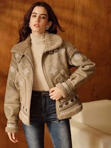 Anewsta 女士时尚刺绣PU复合毛皮夹克，秋冬 - 卡其色 - 查看 7