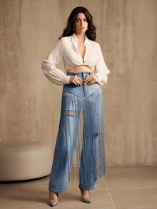 Anewsta Nuevos jeans rectos azules con flecos y pedrería de moda para el Día de San Valentín para mujer - Azul - Ver 7