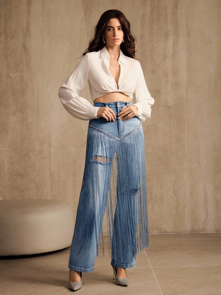 Women's New Fashionable Fringe Rhinestone Valentine's Day Blue Straight Jeans