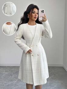 Rafferiza 女士优雅羊毛混纺格子大衣，V 领双排扣夹克，采用厚粗花呢面料 - 彩色 - 查看 1