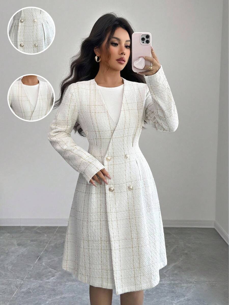 Rafferiza 女士优雅羊毛混纺格子大衣，V 领双排扣夹克，采用厚粗花呢面料 - 彩色 - 查看 1