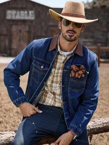 Manfinity Nomadique 男士休闲街头风刺绣贴袋抗皱耐穿蓝色牛仔夹克，秋季款