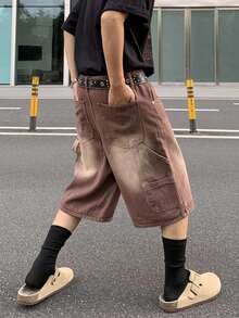 Manfinity EMRG 男士宽松口袋阔腿休闲牛仔短裤 - 咖啡棕 - 查看 8