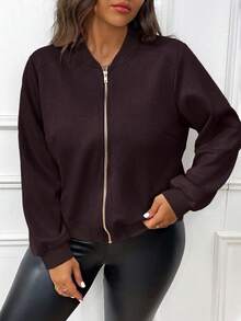 Easura Casual Plus Size Brown Bomber Jacket For Women Plain Woven Fabric Long Sleeve Baseball Collar Zipper Detail Regular Length Brown Jacket Women Crop Jacket - Brown - View 4