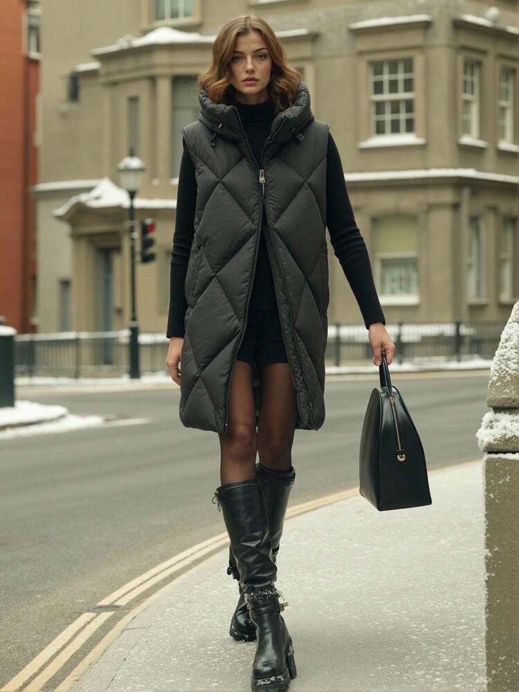 Women's Thick Diamond Quilted Long Sleeveless Padded Coat