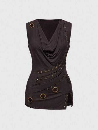 Grunge Punk Vintage Punk Metall Ösen Design drapierter Ausschnitt Saum Schlitz figurbetonte Damen Tank Top