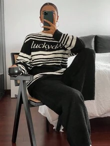 DAZY Bộ đồ ngủ dài tay dệt kim họa tiết sọc họa tiết cho nữ 2 món, đồ mặc nhà thường ngày cho mùa thu/đông, quần áo mùa thu - màu đen - Xem 5