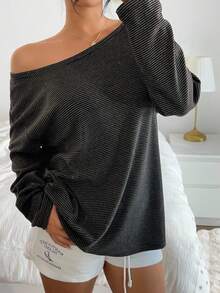 Aloruh 女士秋冬条纹长袖斜肩宽松休闲时尚衬衫 - 彩色 - 查看 7