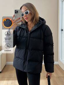 EURMUSE Women Solid Color Zipper And Pocket Detailed Winter Coats Puffer Jacket Black Puffer Jacket Womens Puffer Jacket Hooded Puffer Jacket Black Jacket Women - Black - View 1