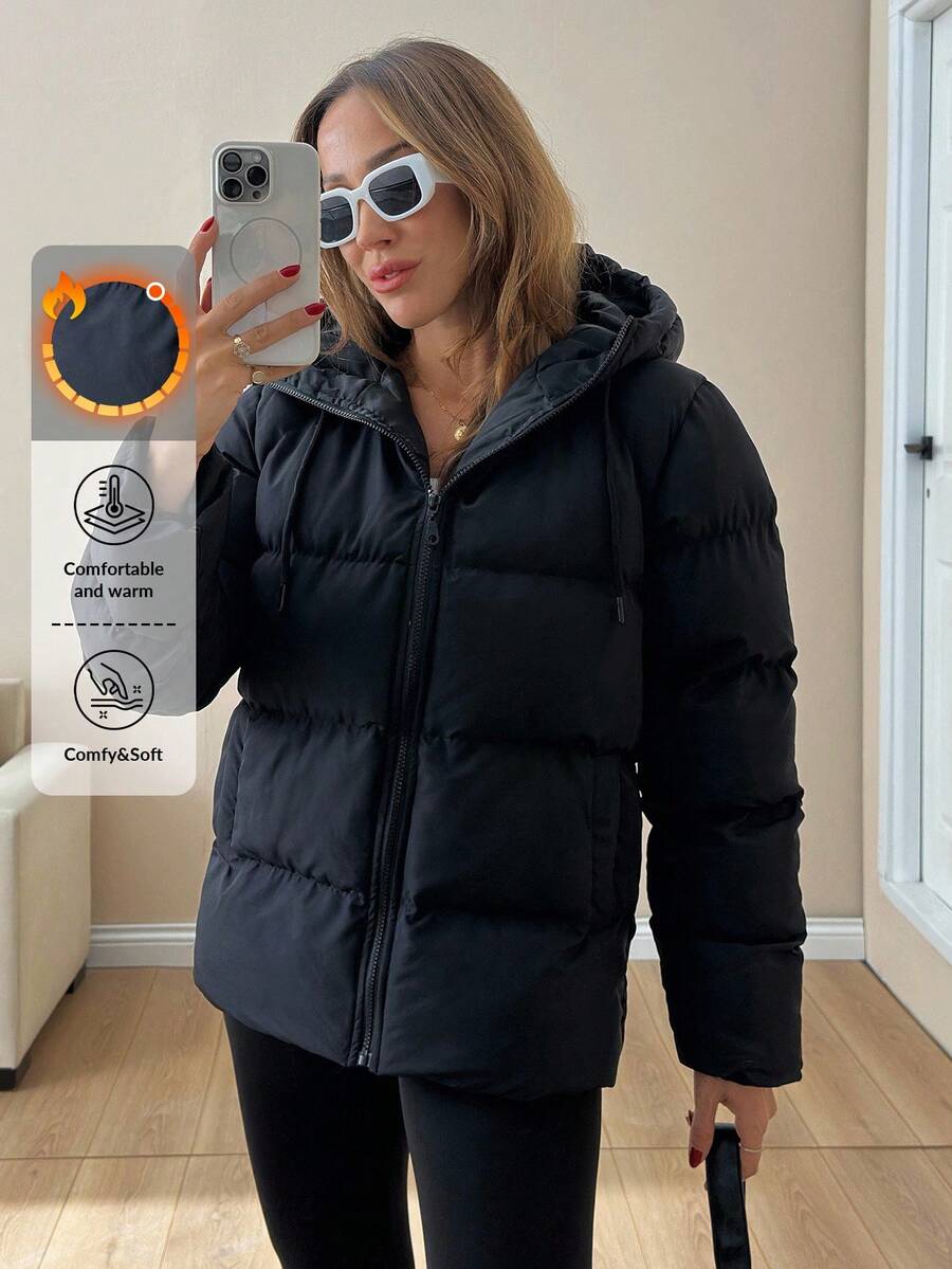 EURMUSE Women Solid Color Zipper And Pocket Detailed Winter Coats Puffer Jacket Black Puffer Jacket Womens Puffer Jacket Hooded Puffer Jacket Black Jacket Women - Black - View 1