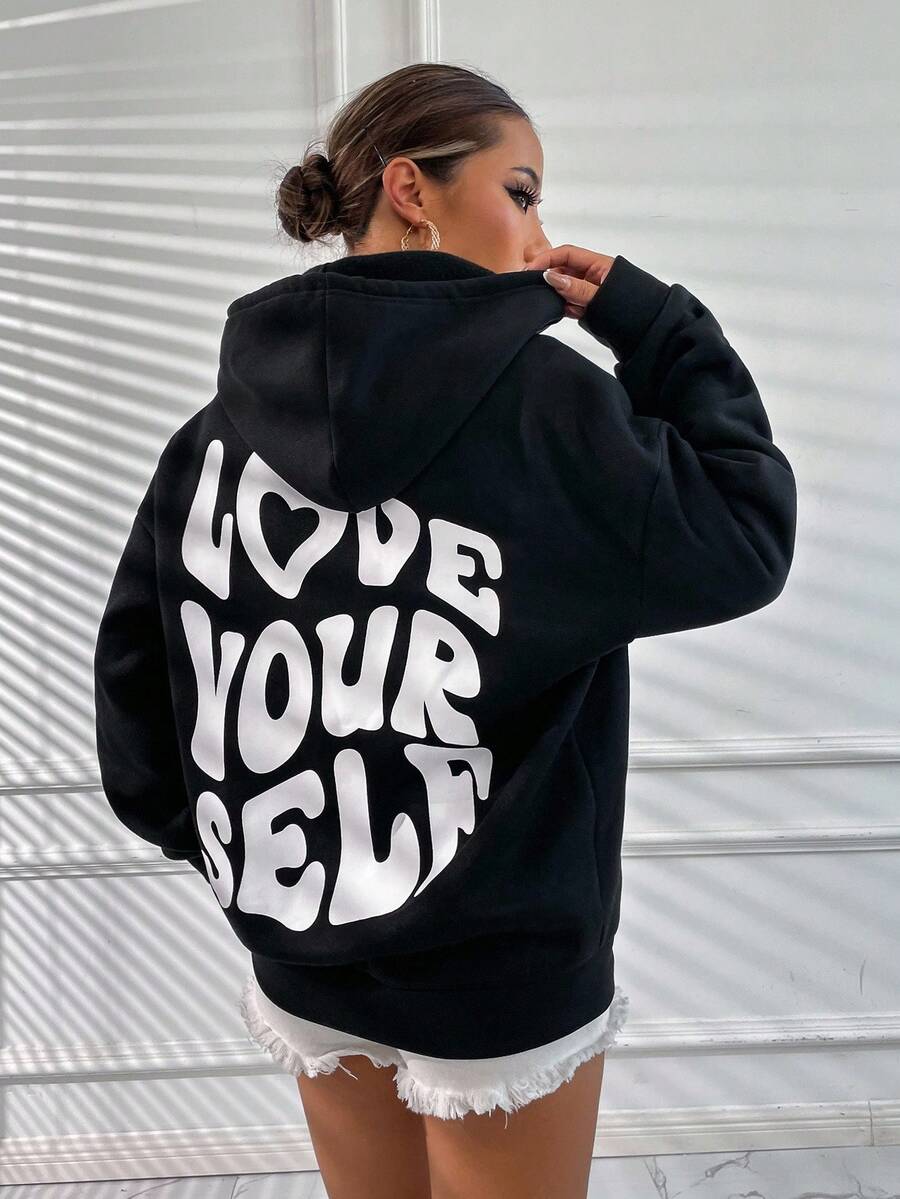 SHEIN Unity Slogan Graphic Drop Shoulder Drawstring Thermal Lined Hoodie LOVE YOURSELF Graduation,Teacher,Back To School Pullover Fall - Black - View 1