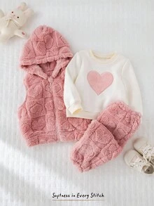 Cozy Pixies 3 件套女婴心形图案针织柔软连帽运动衫、无袖毛绒心形纹理背心、松紧腰裤套装 - 彩色 - 查看 1