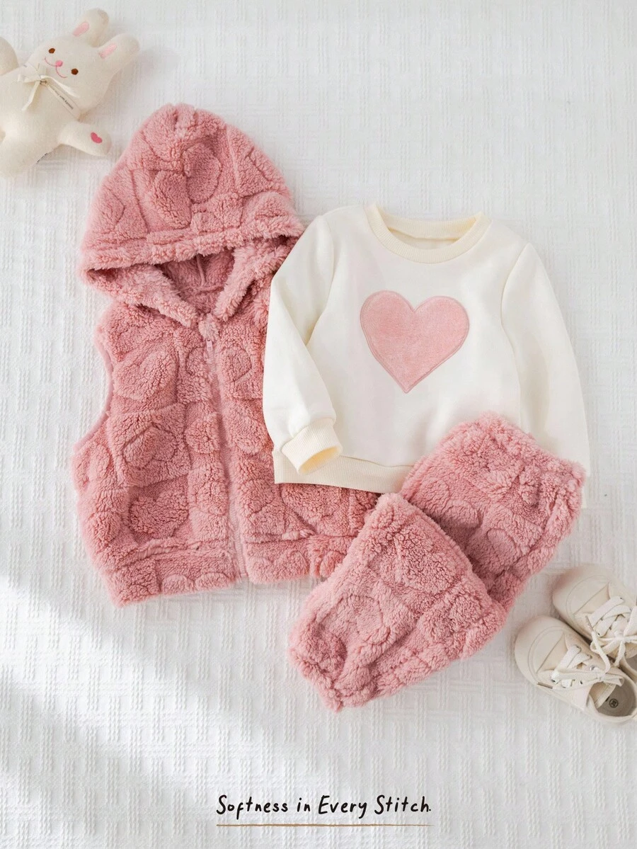 Cozy Pixies 3 件套女婴心形图案针织柔软连帽运动衫、无袖毛绒心形纹理背心、松紧腰裤套装 - 彩色 - 查看 1