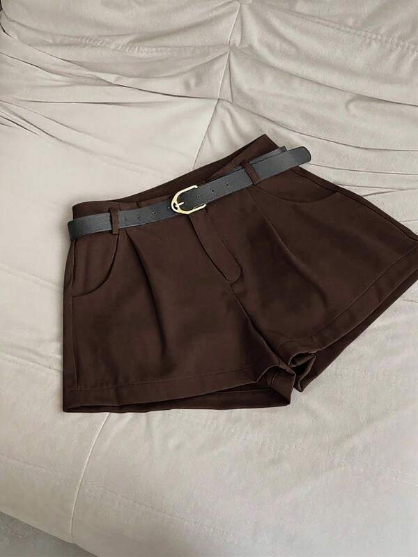 INAWLY Women's Solid Color Pleated Pocket Loose Casual Versatile Shorts