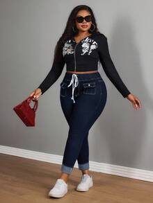 Slaydiva Quần jean bó ống loe cạp chun màu xanh dương, phong cách Cowgirl cỡ lớn mùa đông dành cho nữ, Rodeo - Rửa tối - Xem 4