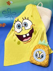 SpongeBob SquarePants | SHEIN 1pc Removable Pineapple Design Plush Throw Pillow & Blanket, Comfortable Flannel Material - Yellow - View 1