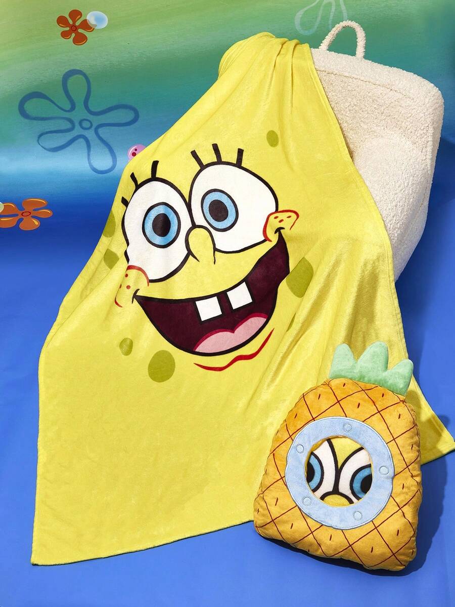 SpongeBob SquarePants | SHEIN 1pc Removable Pineapple Design Plush Throw Pillow & Blanket, Comfortable Flannel Material - Yellow - View 1