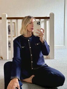 Vivie Lora 2件套女士撞色边开衫和针织裤套装 - 藏蓝色 - 查看 6