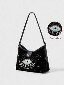 ROMWE Fairycore Women's Casual Shoulder Bag With Eye Embroidery Design, Suitable For Daily Commute - Black - View 9