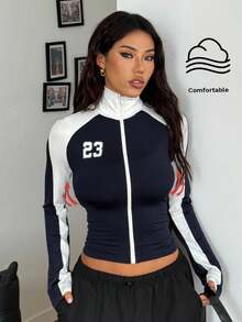 Coolane Women's Fall/Winter Streetwear Sport Going Out Stretchy High Neck Long Sleeve Football Soccer Bustier White And Dark Blue Coat,