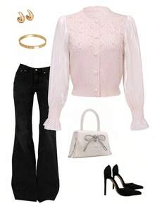 Elenzga 女士纯色珍珠装饰优雅开衫 - 粉色 - 查看 3