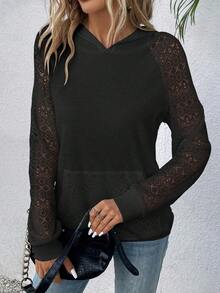 SHEIN Contrast Lace Raglan Sleeve Kangaroo Pocket Hoodie,Long Sleeve Tops - Black - View 7