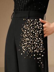 Anewsta 时尚女式串珠口袋宽腿宽松裤 - 黑色 - 查看 4