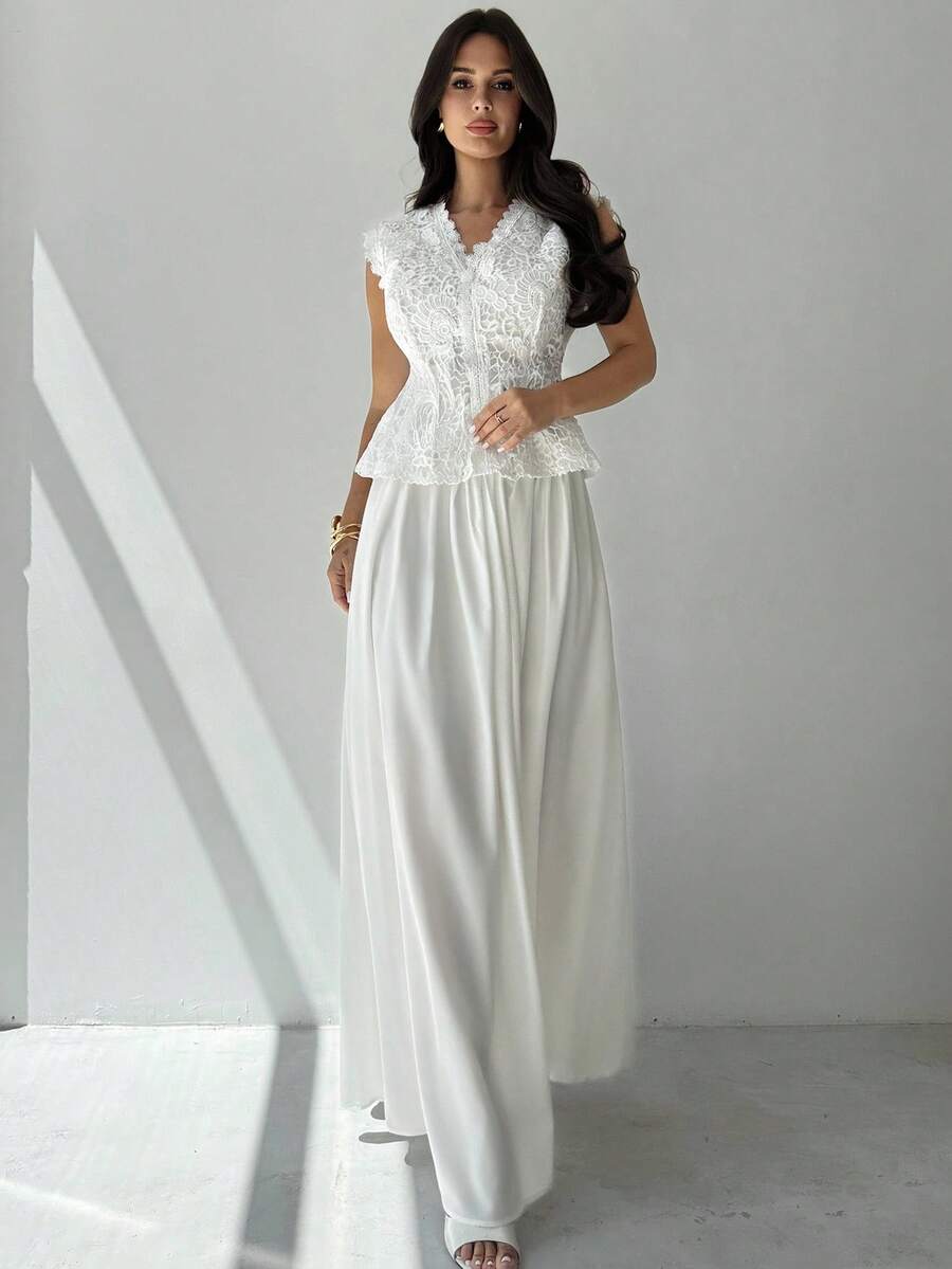 Firerie Women's Elegant Lace V-Neck Cap Sleeve Top And A-Line Skirt Suit - White - View 1