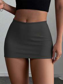 SHEIN Essnce Women Solid Color Bodycon Mini Skirt, Sexy - Grey - View 3