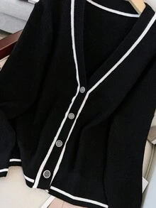 Regalyn Cardigan tricoté à manches longues, col en V, polyvalent et décontracté, avec boutons et bordure contrastée, taille grande