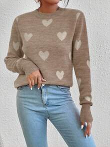 EMERY ROSE Heart Jacquard Crew Neck Casual Long Sleeve Women Sweater, Autumn/Winter - Camel - View 5
