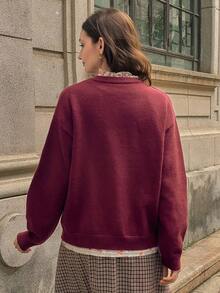 女式宽松圆领长袖休闲复古硬币针织毛衣，秋冬 - 酒紅色 - 查看 2