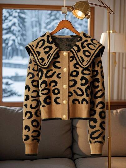 GlowEve 秋冬新款驼色豹纹毛衣开衫女时尚高端海军蓝领女士开襟针织外套