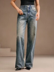 Anewsta Jeans rectos de mujer con efecto desgastado y adornos de rhinestones - Azul - Ver 3