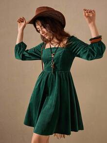 Wildy Fall Dress Long Sleeve Women's Casual Vintage Solid Color Mini Dress Dark Green Dress Square Neck Dress Lantern Sleeve Dress Corduroy Dress Forest Green Dress Graduation Dress For Women Winter Dresses For Women Elegant Dress - Dark Green - View 5