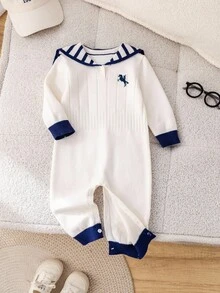 SHEIN Unisex Baby Cute Navy Striped Long Sleeve Sweater Romper, Autumn/Winter Baby Clothes Baby Boy Nautical Romper Preppy Baby Boy Clothes Infant Sweater Romper Boy Fall - Multicolor - View 6
