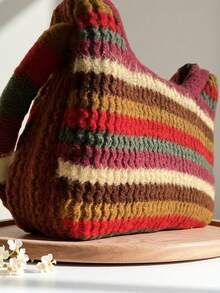 Joivida 彩虹条纹托特包和单肩包，蓬松百搭毛绒针织包，透气、轻便、可折叠、便携，用于存放手机、雨伞、化妆品、口红、香水、书籍、iPad、衣服，女士手提包适合日常使用、节日、上学、通勤、购物、工作、拍照、郊游、露营、跑步、母亲节送给女性的礼物 - 彩色 - 查看 7
