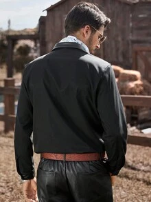 Manfinity Nomadique 男士西式口袋设计长袖单排扣休闲衬衫，秋季 - 黑色 - 查看 3