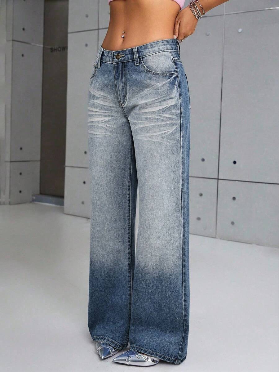 SHEIN ICON Casual Washed Low-Waist Flared Leg Jeans - Light Wash - View 1