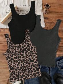 SHEIN EZwear 3 件纯色百搭豹纹吊带背心，适合夏季 - 彩色 - 查看 2