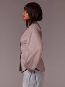 Athîral Women's Pink Jacquard Tweed Open-Front Jacket | Soft Textured Jacquard Woven With Sculpted Waist, Stand Collar & Relaxed Long Sleeves For Effortless Minimalist Layering (Office/Street/Lounge/Fall Spring Outerwear) - Coffee Brown - View 5