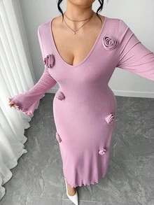 Elenzga Abito aderente a maniche lunghe con decorazione floreale 3D per taglie forti