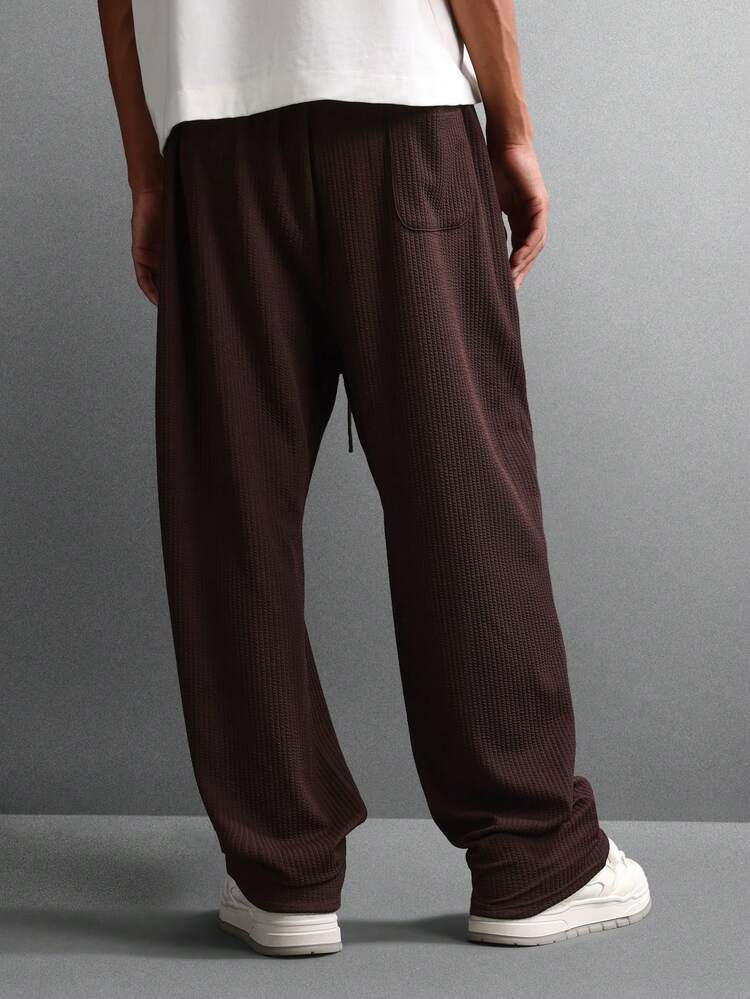 Textured Straight Fit Sweatpants With Ribbed Knit Pattern