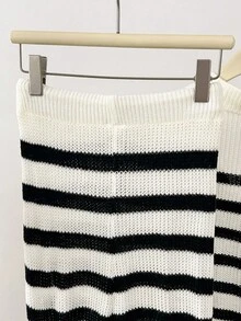 SHEIN Unity 2件套休闲度假条纹针织Polo领毛衣和裤子套装 - 黑與白 - 查看 6